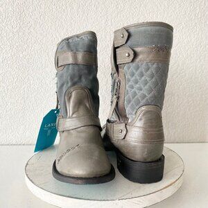 Lane Boots Womens Gray Leather Canvas Mid-Calf Western Moto Style Zip Size 10